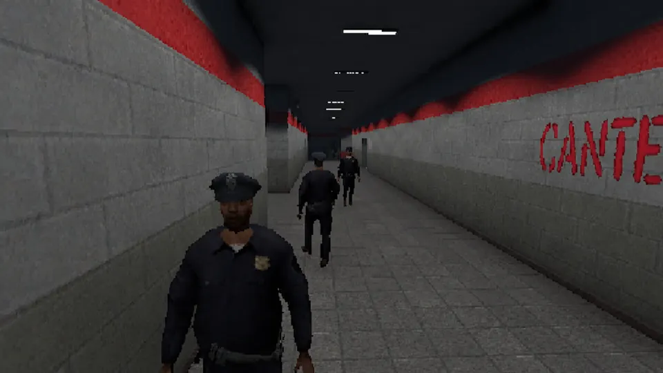 Guards patrolling the prison corridor during morning roll call