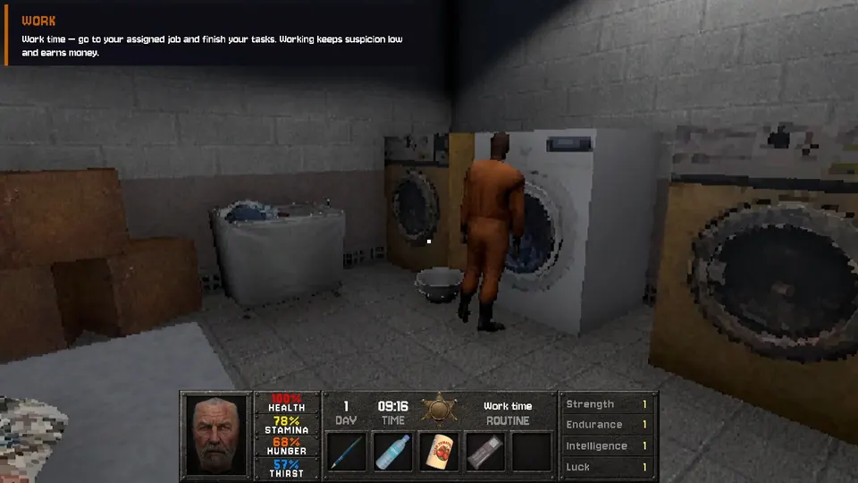 Inmate working the prison laundry job next to washing machines