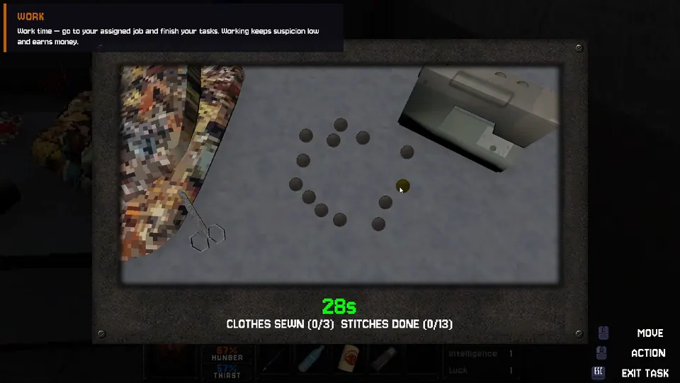 The Yard: Escape from Prison: Tailoring job mini-game: sewing prison uniforms against the clock