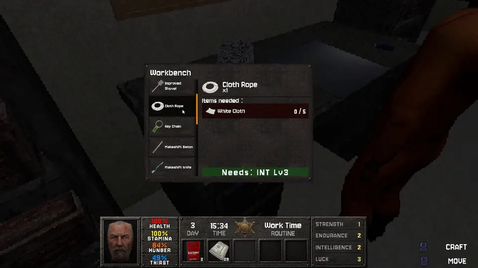 Crafting menu at a prison workbench, a cloth rope requiring Intelligence level 3