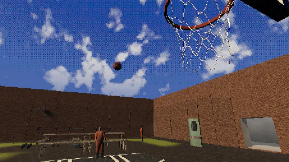 The prison yard of The Yard: Escape from Prison, with a basketball hoop and high brick walls