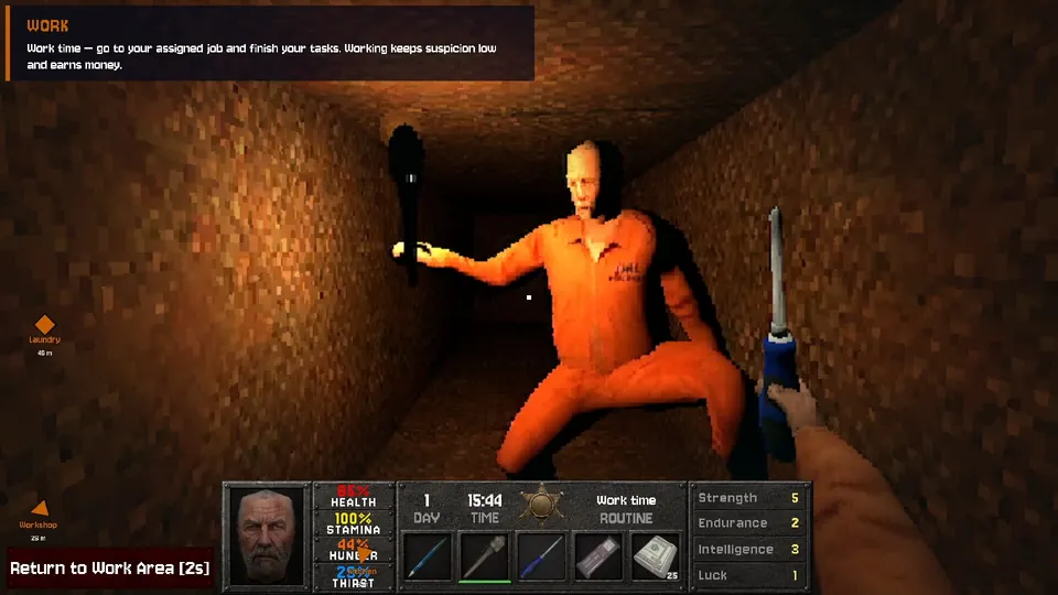 The Yard: Escape from Prison: Inmate crawling through a torch-lit escape tunnel