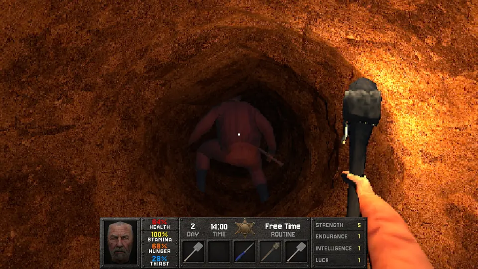 Two inmates digging an escape tunnel by torchlight at night